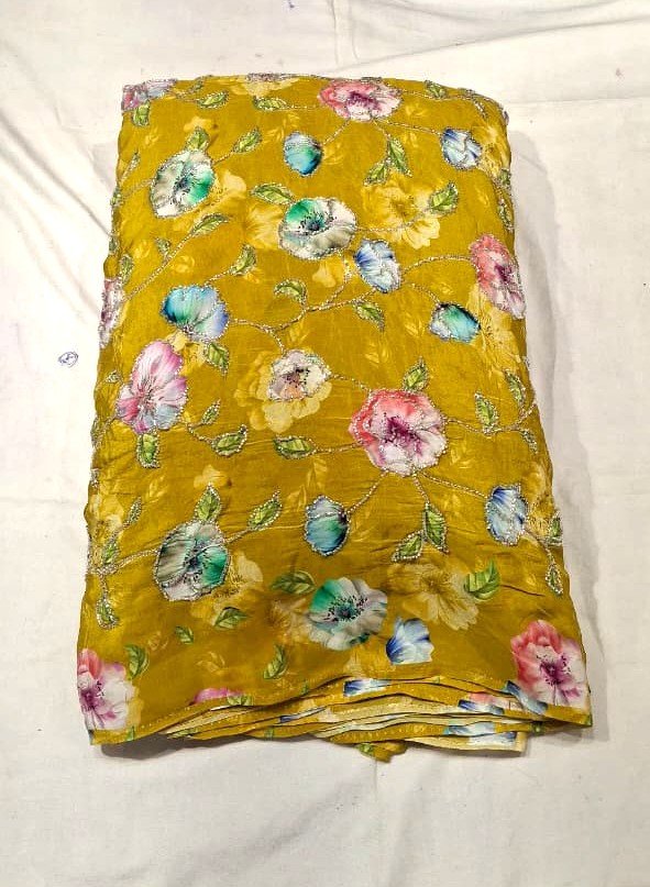 Mustard Yellow Chiffon Moti Work Fabric