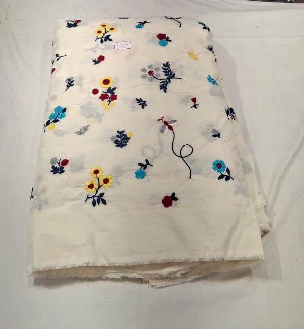 Off White Mul Cotton Embroidery Fabric with Leaf Design Soft Lightweight Dress Material
