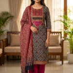 Mushroom Silk Unstitched Suit Set with Dupatta
