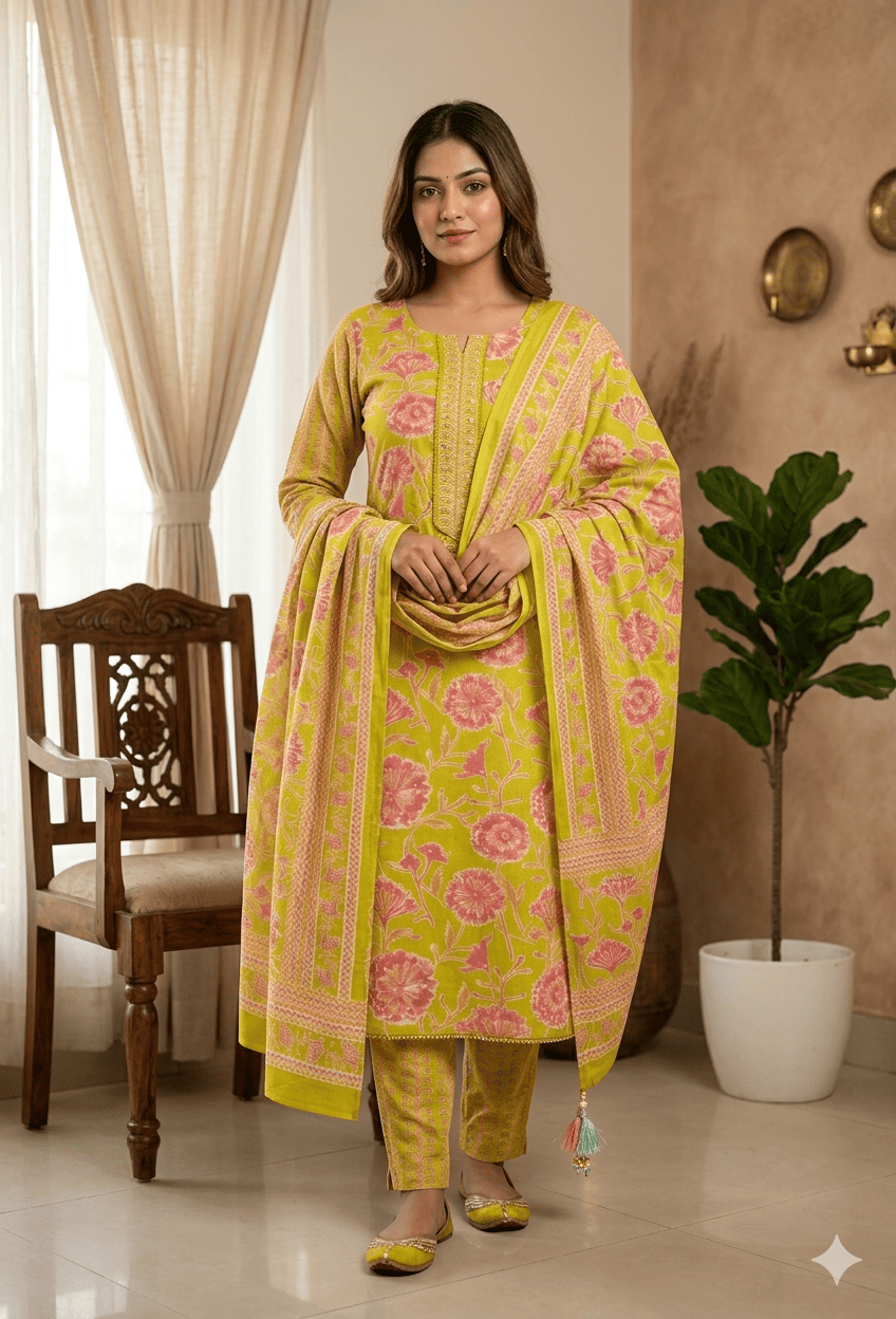 1774588166639 Premium Pure Cotton Suit with Dupatta and Cotton Bottom - 3 Piece Unstitched Set - Image 1