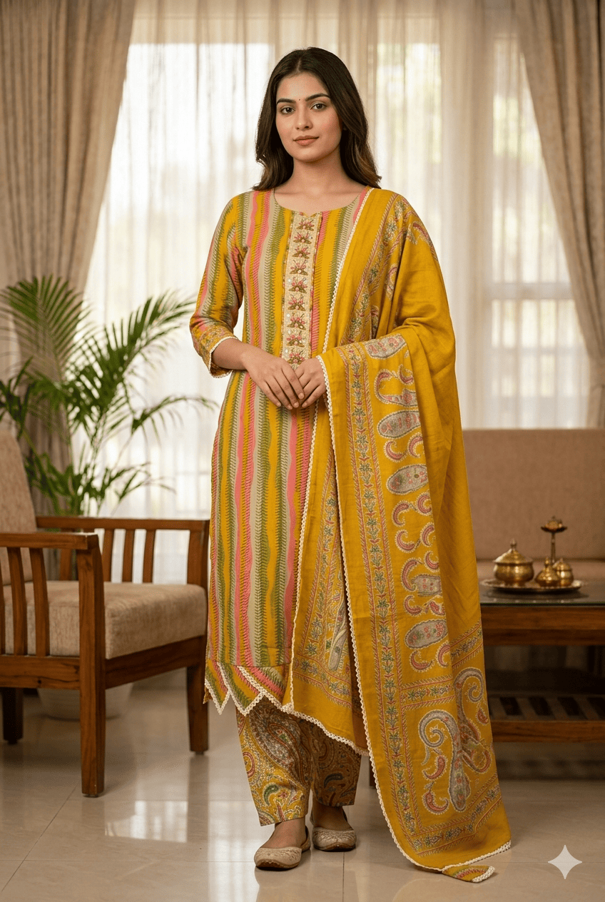 1774588344195 Premium Pure Cotton Suit with Dupatta and Cotton Bottom - 3 Piece Unstitched Set - Image 1
