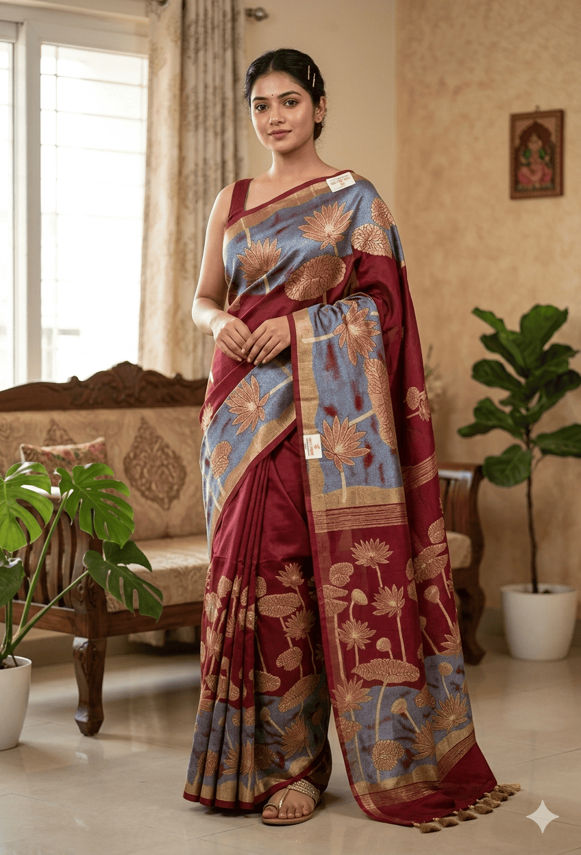 1774757249216 Premium Leeba Cotton Saree with Floral Print & Tassel Pallu - Image 1