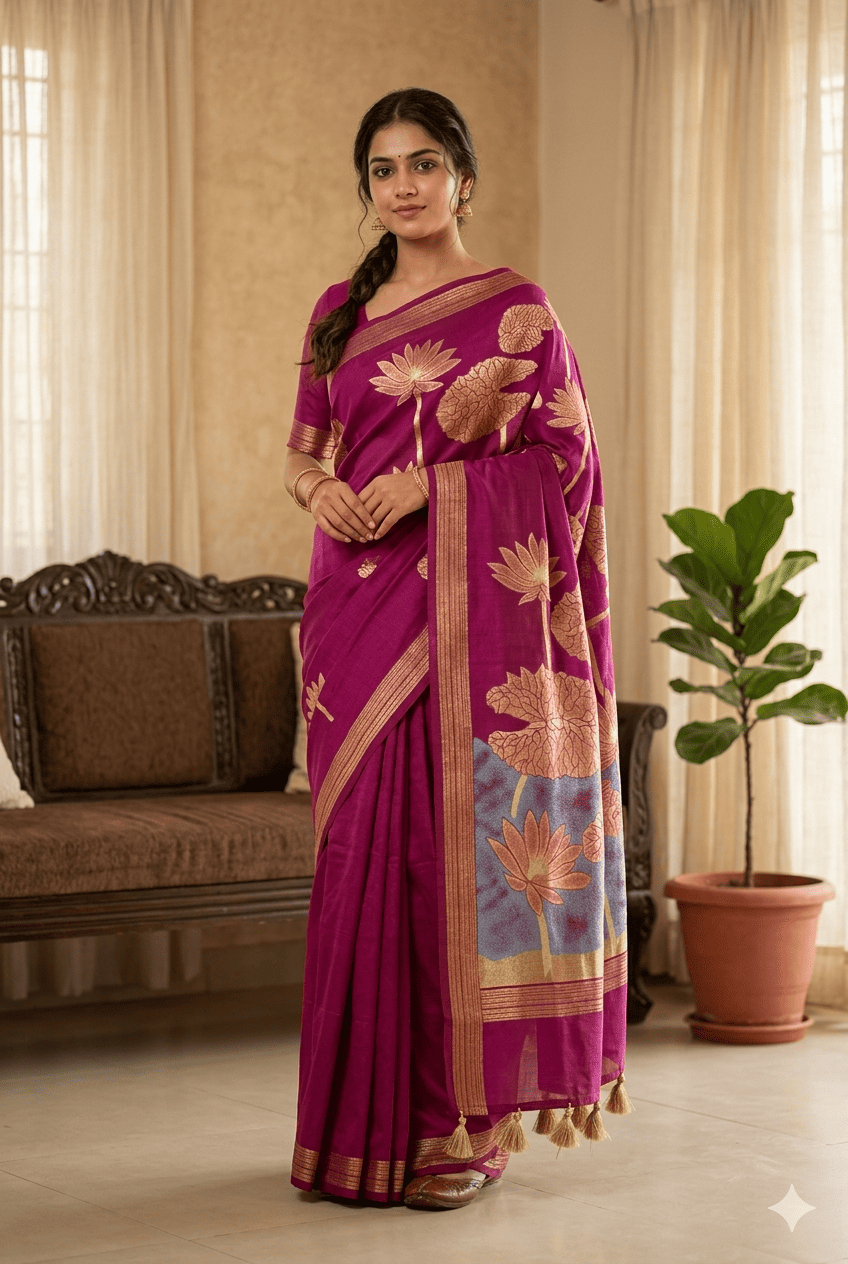 1774757552212 Premium Leeba Cotton Saree with Floral Print & Tassel Pallu - Image 1