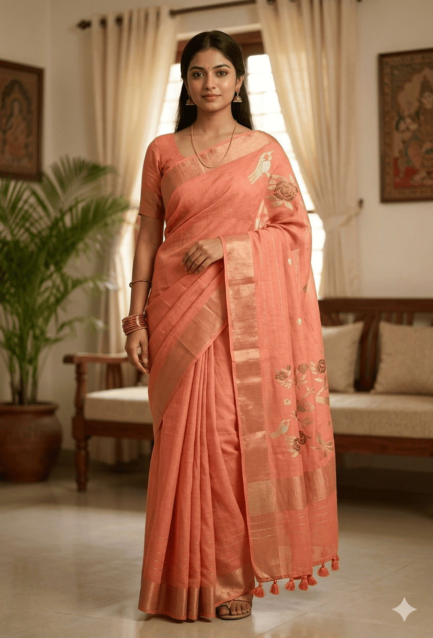 1774757826850 Premium Leeba Cotton Saree with Floral Print & Tassel Pallu - Image 1