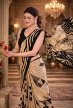 Italian Crepe Printed Saree with Blouse Piece - Image 2