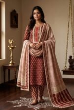 Pure All Cotton Suit Set with Printed Cotton Dupatta and Cotton Bottom Elegant Embroidered Unstitched Dress Material