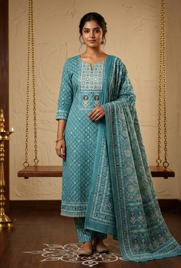 Pure All Cotton Suit Set with Printed Cotton Dupatta and Cotton Bottom Elegant Embroidered Unstitched Dress Material