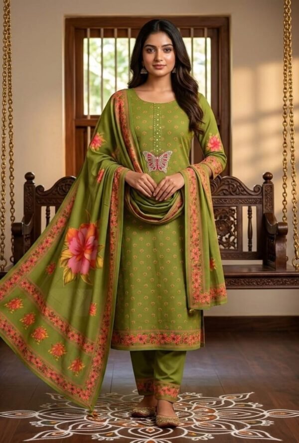 Pure All Cotton Suit Set with Printed Cotton Dupatta and Cotton Bottom Elegant Embroidered Unstitched Dress Material