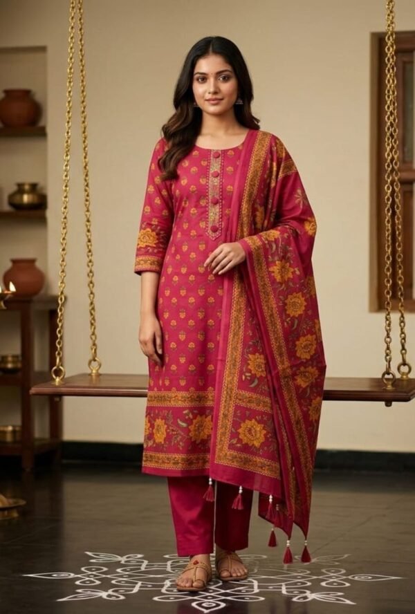 Pure All Cotton Suit Set with Printed Cotton Dupatta and Cotton Bottom Elegant Embroidered Unstitched Dress Material
