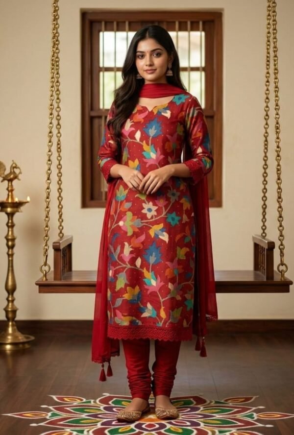Peru Cotton Suit Set with Chiffon Dupatta and Cotton Bottom Elegant Printed Unstitched Dress Material