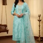 Chanderi Cotton Suit Set with Organza Dupatta and Tapeta Bottom Elegant Embroidered Festive Unstitched Dress Material