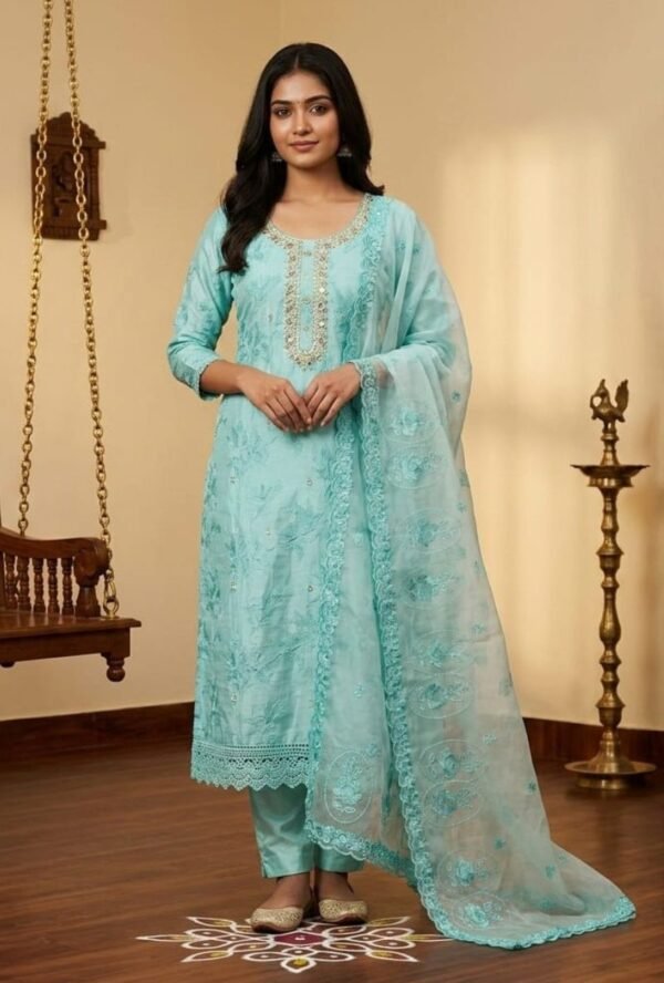 Chanderi Cotton Suit Set with Organza Dupatta and Tapeta Bottom Elegant Embroidered Festive Unstitched Dress Material