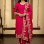 Maslin Silk Suit Set with Dola Silk Dupatta and Tapeta Bottom Elegant Embroidered Festive Unstitched Dress Material