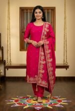 Maslin Silk Suit Set with Dola Silk Dupatta and Tapeta Bottom Elegant Embroidered Festive Unstitched Dress Material