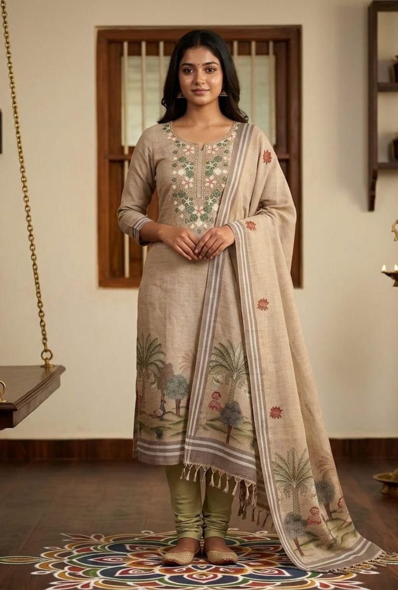 Untitled design (6) Linen Cotton Suit with Linen Cotton Dupatta and Tapeta Bottom - Image 1