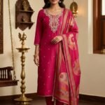 Maslin Silk Suit Set with Dola Silk Dupatta and Tapeta Bottom Elegant Embroidered Festive Unstitched Dress Material