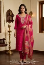 Maslin Silk Suit Set with Dola Silk Dupatta and Tapeta Bottom Elegant Embroidered Festive Unstitched Dress Material