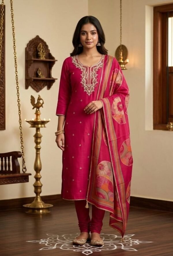 Maslin Silk Suit Set with Dola Silk Dupatta and Tapeta Bottom Elegant Embroidered Festive Unstitched Dress Material