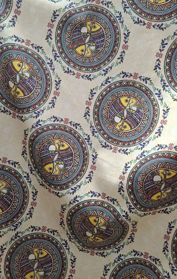 Grey Cotton Madhubani Printed Fabric Traditional Ethnic Designer Dress Material